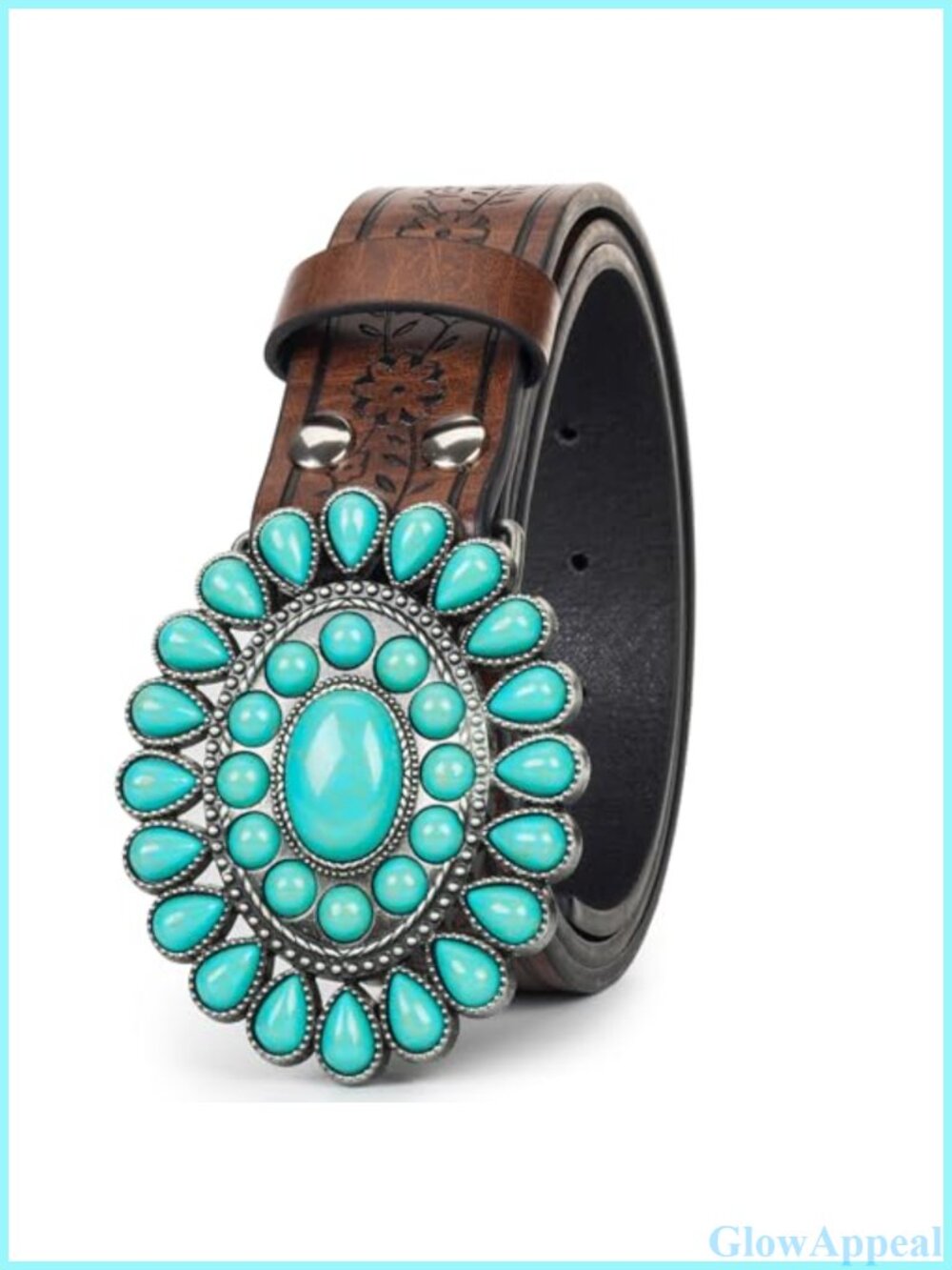 Western Faux Leather Belt Turquoise Buckle Cowgirl Rodeo
